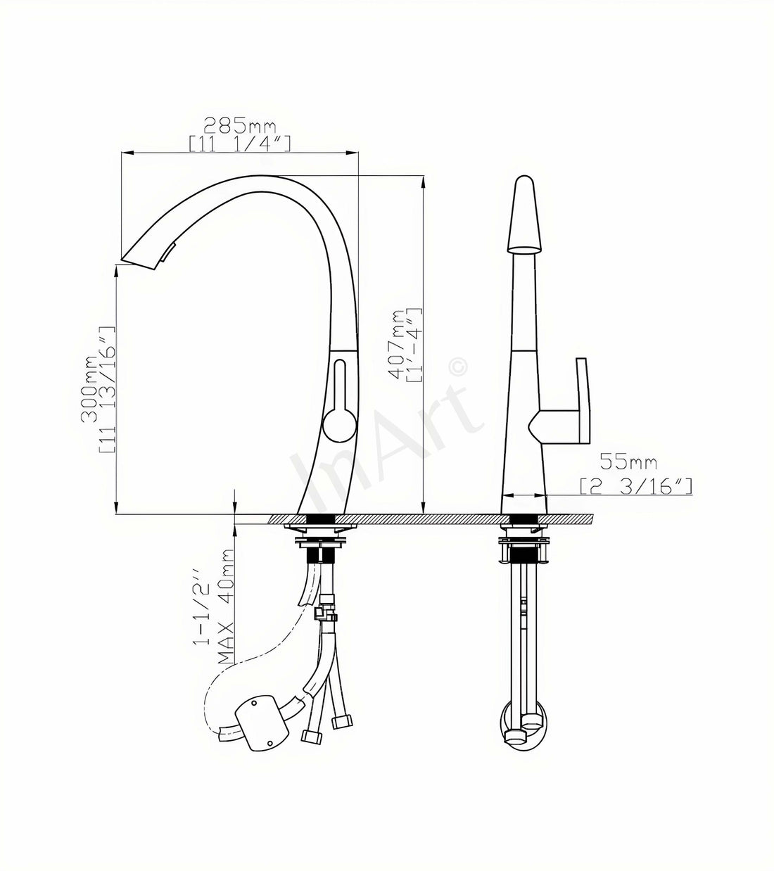 InArt Black Matt Kitchen Sink Mixer - Single Lever with High Arc Spring & 360° Swivel Spout - InArt-Studio