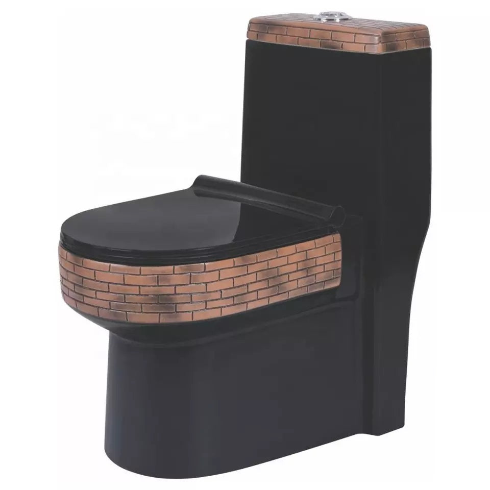InArt Ceramic One Piece Western Toilet Commode - European Commode Water Closet With Soft Close Seat Cover P Trap Black Bricks - InArt-Studio