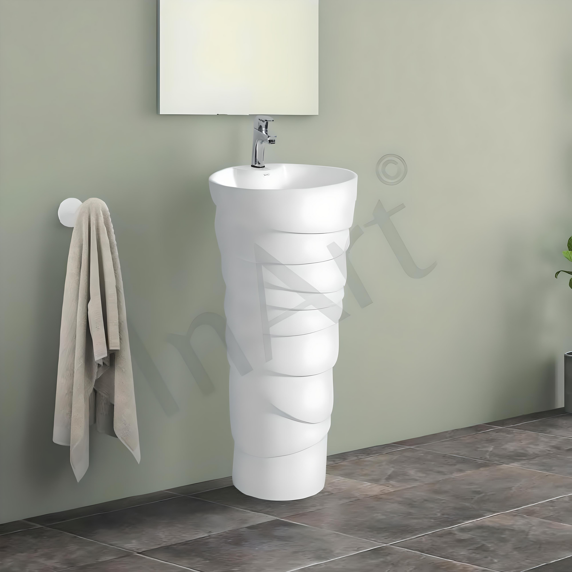 InArt One Piece Ceramic Pedestal Round Wash Basin | Modern Freestanding Design | 15x15x34 Inches | White - InArt-Studio