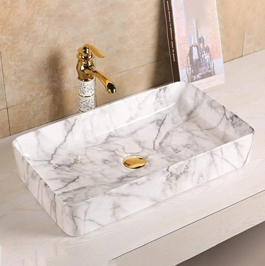 InArt Ceramic Counter or Table Top Wash Basin Grey White Marble 61x36