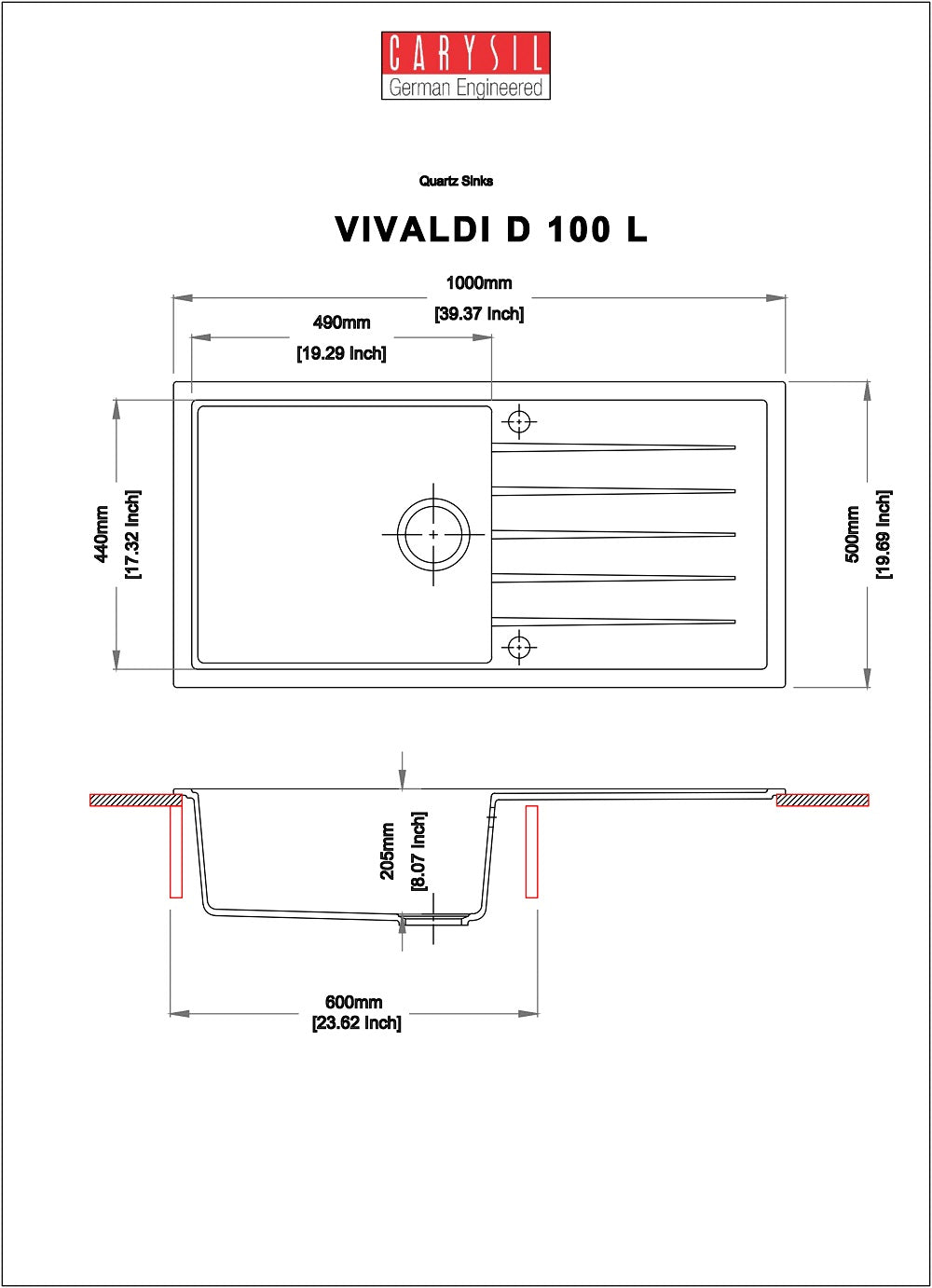 Carysil Granite Quartz Kitchen Sink - Single Bowl With Drainboard Vivaldi D100L 36" x 18" Inch - InArt-Studio