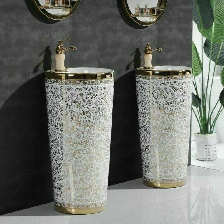 InArt Ceramic Pedestal Free Standing Round Wash Basin Golden 42x42 CM
