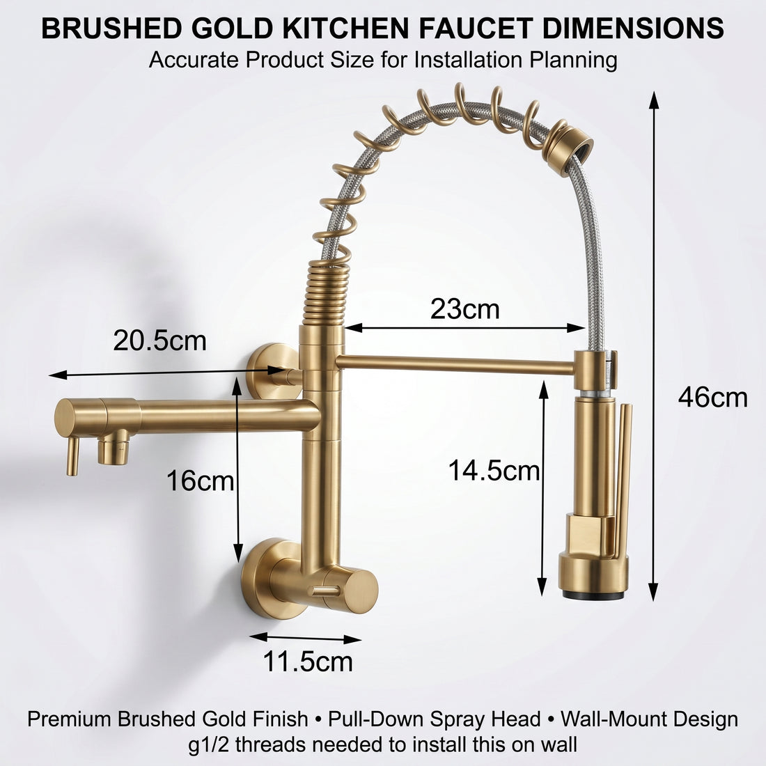 InArt brushed gold wall mounted kitchen sink tap with pull-down sprayer - main image