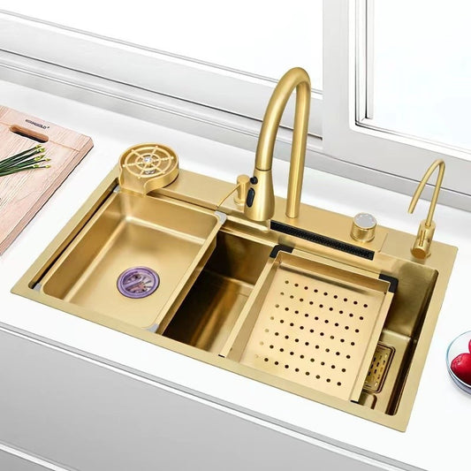 Latest Sink for kitchen InArt Waterfall Kitchen Sink Nano Stainless Steel Single Bowl Brushed Gold Color 30x18 Inches With Pull-out and Waterfall Faucet, RO tap, Glass Rinser Washer, Drain Basket Handmade Multi-purpose Sink - InArt-Studio
