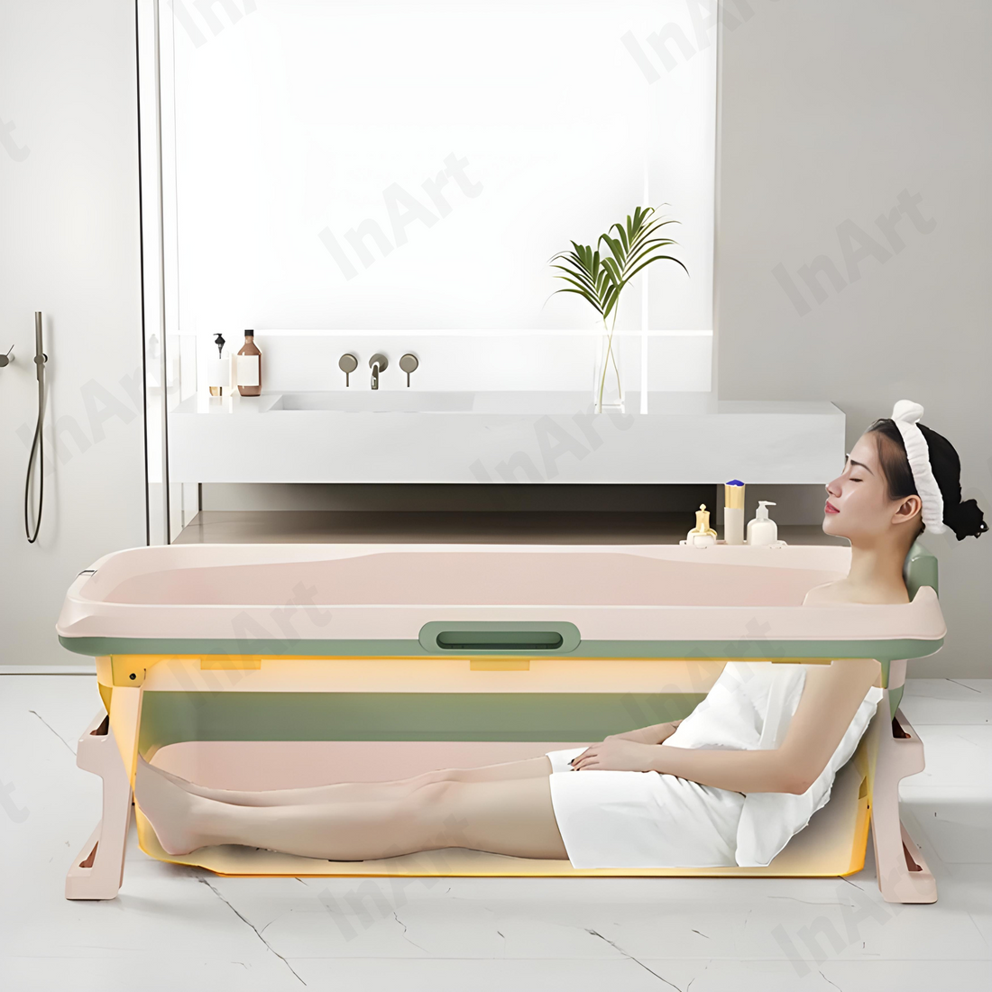 InArt Modern Freestanding Foldable Bathtub with Drain Hose and Cover, Green-Color, 140cm x 60cm x 57.5cm
