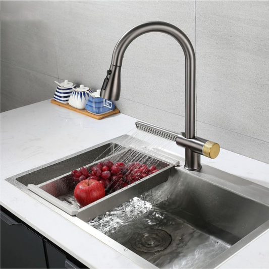 InArt 360° Rotatable Brass Kitchen Faucet, Pull Out Sprayer, Waterfall & Swivel - Hot & Cold Water Single Hole Mixer Tap - InArt-Studio