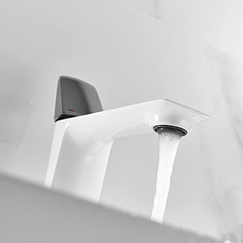 Wash basin mixer tap spout detail in white silver finish, premium brass basin and mixer for bathroom
