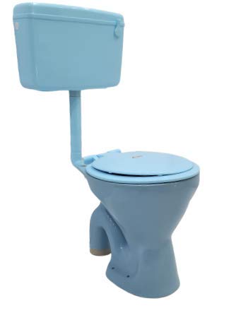 Flush tank detail in light blue with normal flush button, matching ceramic western toilet for bathroom
