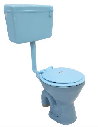 InArt ceramic western toilet in light blue, oval floor mounted EWC with S trap and flush tank combo