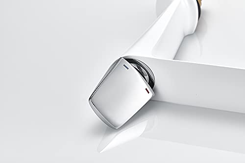 InArt basin tap close-up of single lever handle and smooth white silver finish on brass body