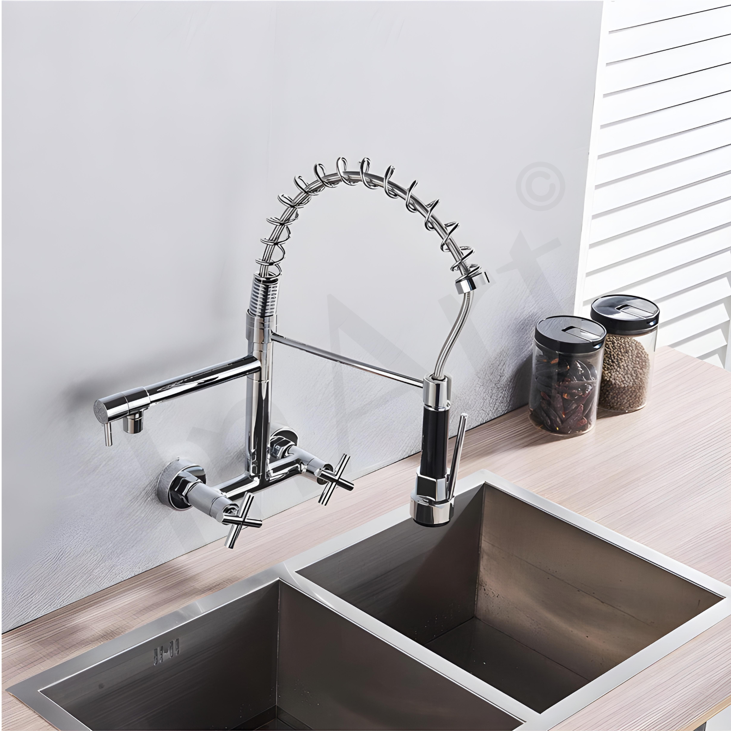 InArt Elite Luxury Kitchen Sink Tap | Wall-Mounted, 360° Pull-Down Sprayer, Chrome Finish | Multi-Function Spray Head and Hot & Cold Functionality - InArt-Studio