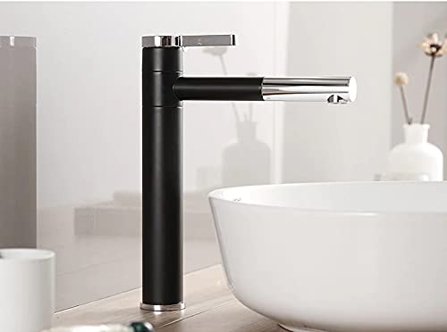 InArt brass single lever basin mixer tap in matte black finish, tall basin mixer front view