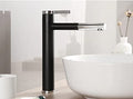 InArt brass single lever basin mixer tap in matte black finish, tall basin mixer front view