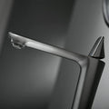 Matte black single lever washbasin mixer tap, angled view showing spout and handle design
