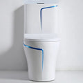 Glossy blue white ceramic water closet, close-up of flush button and cistern top on one piece toilet
