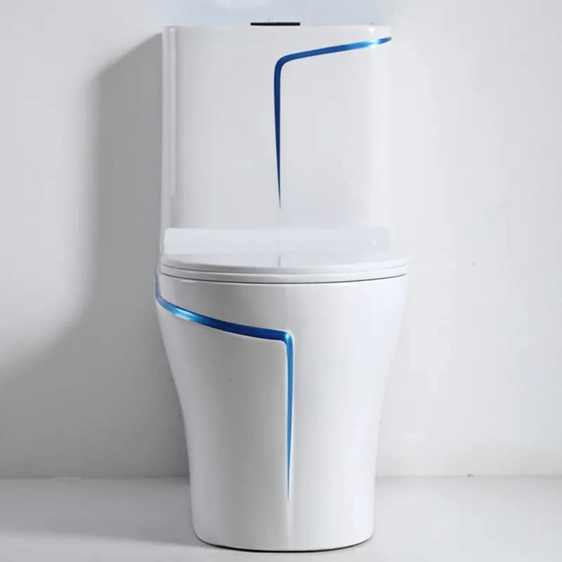 Glossy blue white ceramic water closet, close-up of flush button and cistern top on one piece toilet