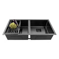 InArt black double kitchen sink, top mount double bowl design shown at angled view with deep 9 inch bowls