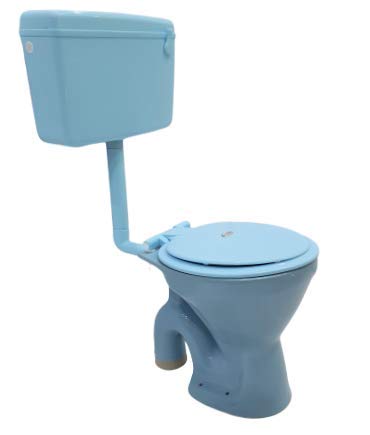 Close-up of light blue ABS seat cover on ceramic western toilet commode, oval design for Indian washroom