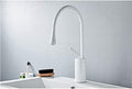 InArt swan neck basin tap high neck single hole brass mixer, white polished finish, side angle view