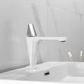 Sink basin tap single lever basin mixer in white silver finish, angled side view for modern bathroom