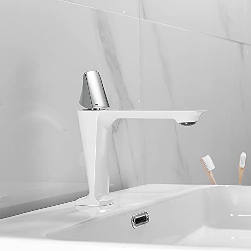 Sink basin tap single lever basin mixer in white silver finish, angled side view for modern bathroom