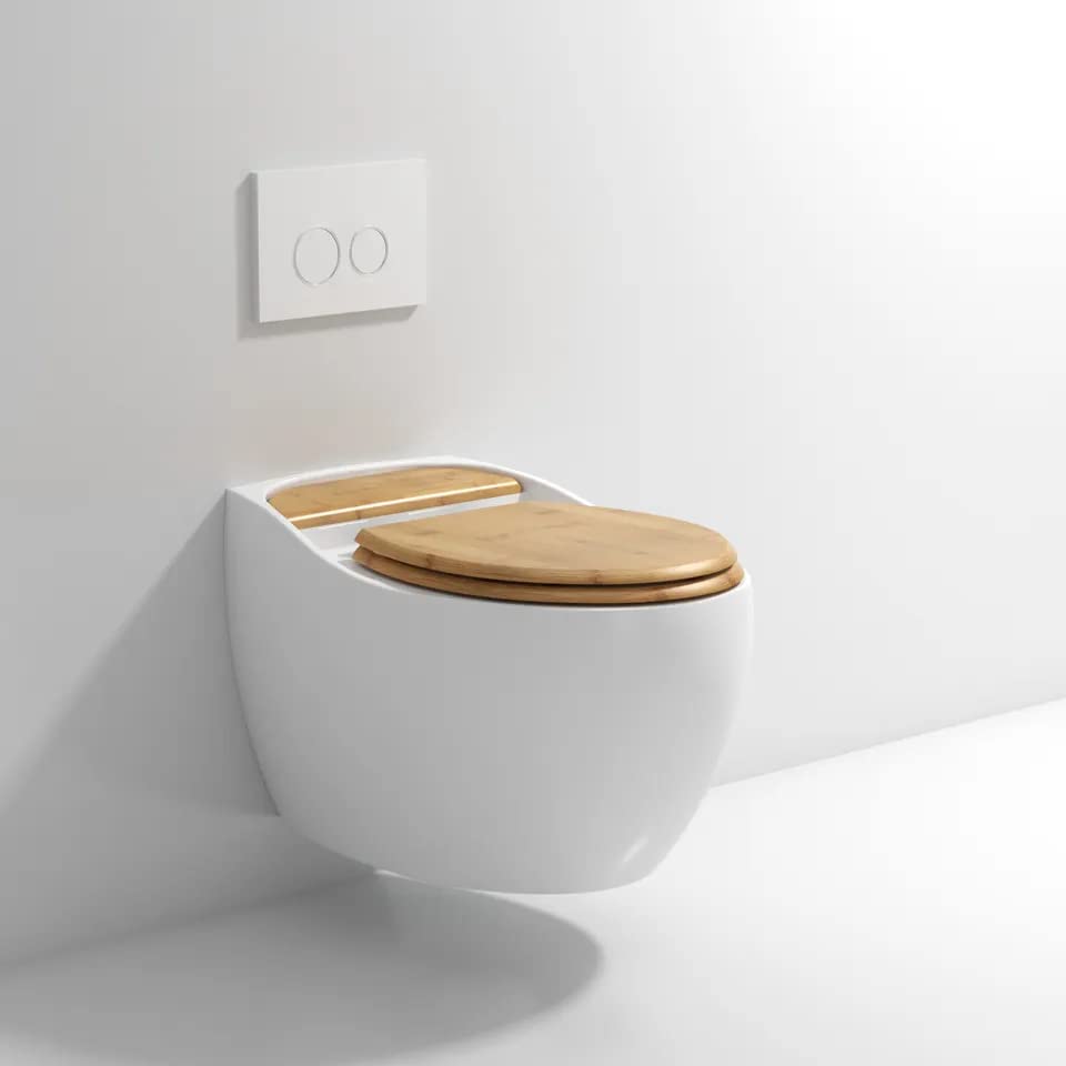 Hindware wall mounted commode style InArt ceramic oval wall hung WC in glossy white with wooden seat, front view