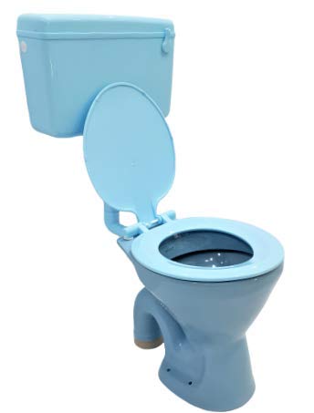 Ceramic floor mounted western toilet commode in light blue, side angle view with normal seat cover and tank