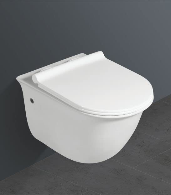 InArt wall mount commode set with flush tank, glossy white ceramic wall hung western toilet, side angle view
