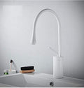 Single lever basin mixer InArt brass swan neck tap in white polished finish for wash basin, front view