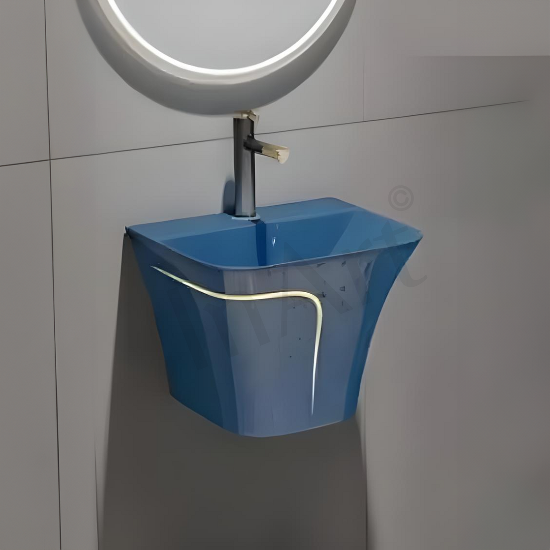 InArt Premium Ceramic Wall-Hung Wash Basin - 20x18" Half Pedestal, Blue Glossy Finish - InArt-Studio