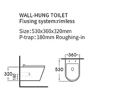 InArt rimless wall mounted western toilet, oval ceramic commode in black gold, side angle with soft close seat