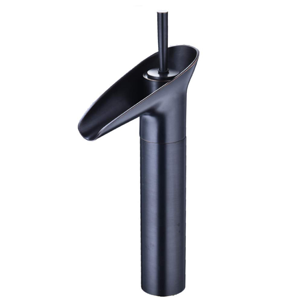 Matte black basin mixer in bathroom interior, tall basin mixer black for wash basin with hot and cold single lever