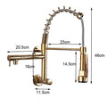 Kitchen sink pull out faucet in gold, 360 degree swivel spout shown extended for easy rinsing and cleaning