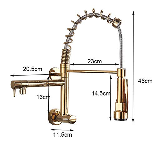 Kitchen sink pull out faucet in gold, 360 degree swivel spout shown extended for easy rinsing and cleaning
