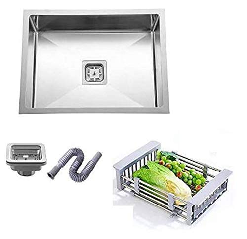 InArt brushed satin kitchen sink, square single bowl 21 x 18 inch, angled view showing deep bowl