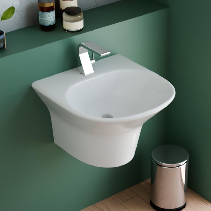 InArt wall mounted wash basin in glossy white ceramic, rectangular half pedestal design, front view