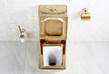 Ceramic one piece water closet floor mounted, side angle showing square bowl and S trap outlet from floor