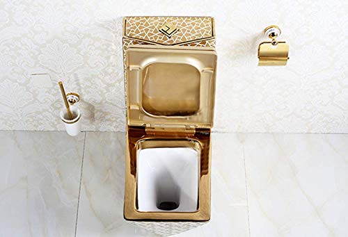 Ceramic one piece water closet floor mounted, side angle showing square bowl and S trap outlet from floor