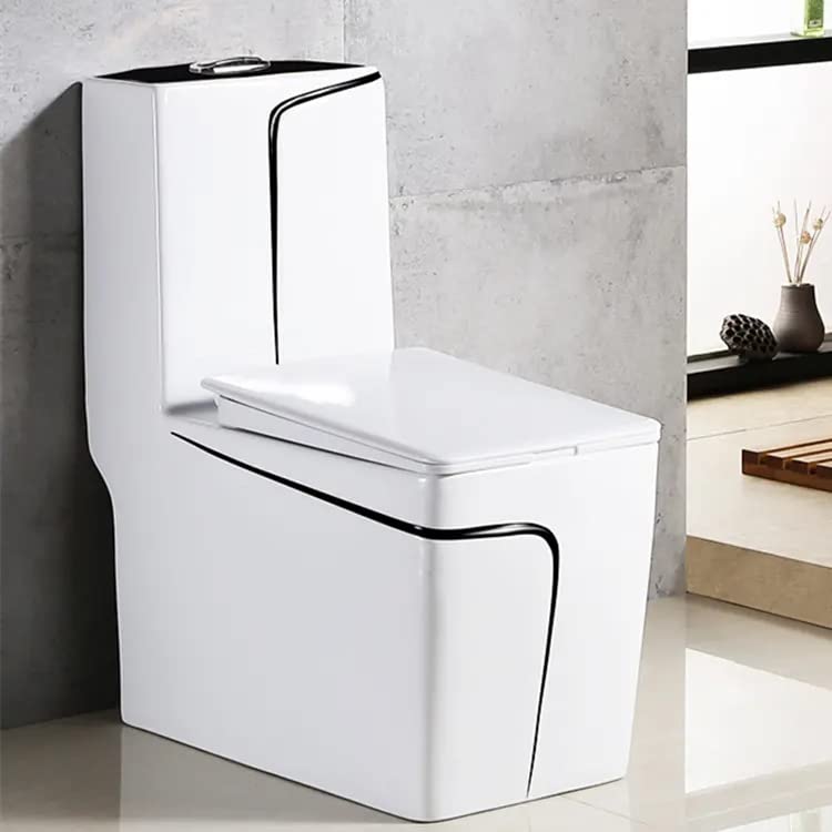 Cera single piece commode style InArt ceramic one piece western toilet in glossy black and white, elongated front view
