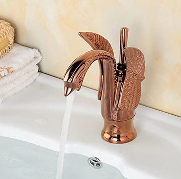 InArt wash basin mixer tap in rose gold polished brass, swan neck single hole hot and cold basin mixer