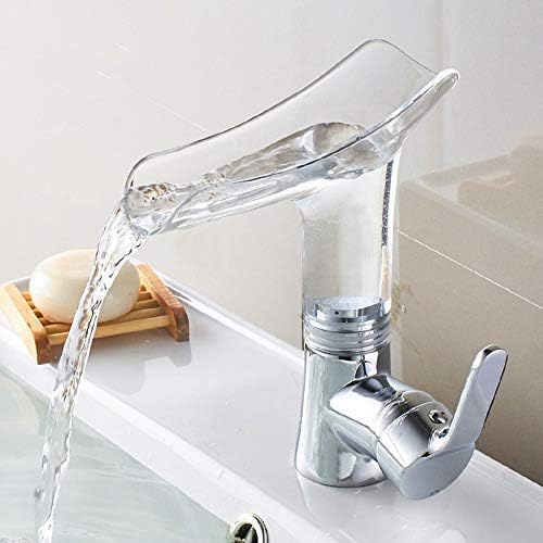 InArt single lever basin mixer tap in chrome brass with transparent waterfall spout, main front view