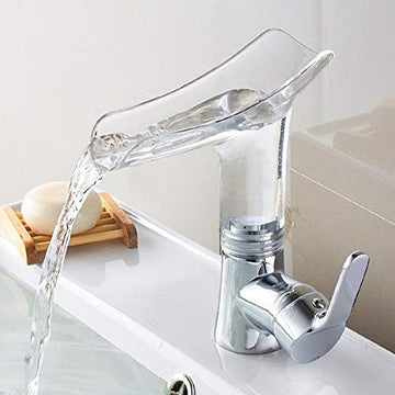 InArt single lever basin mixer tap in chrome brass with transparent waterfall spout, main front view