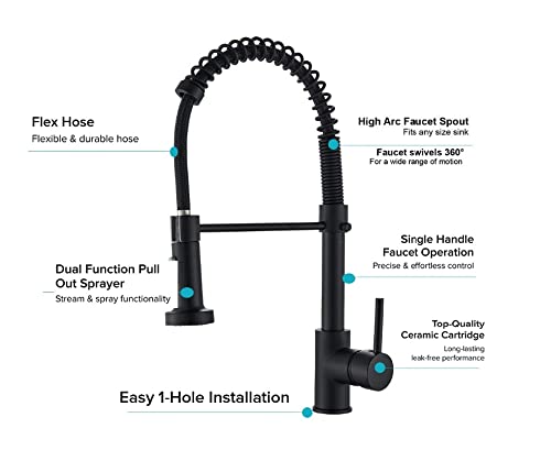 Black pull out mixer tap with flexible hose and spray modes, modern high arc kitchen sink fitting