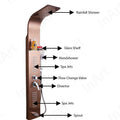 Gold shower tower style shower panel with rainfall and waterfall outlets, side angle view for bathroom