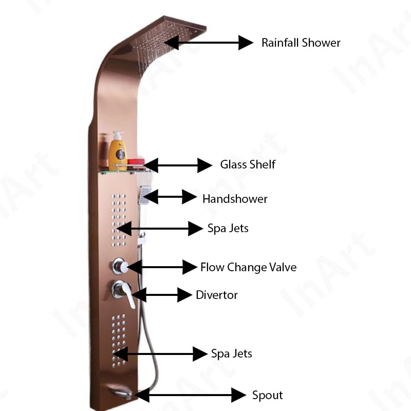 Gold shower tower style shower panel with rainfall and waterfall outlets, side angle view for bathroom