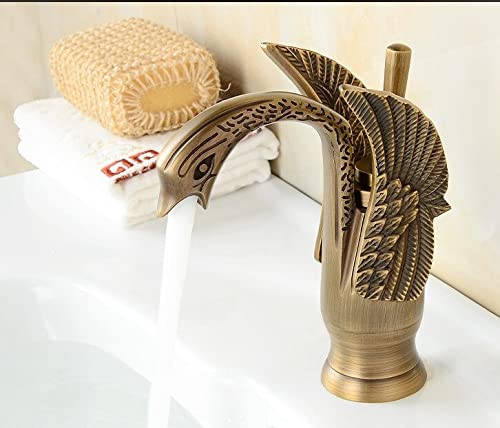 InArt wash basin mixer tap in brass swan neck, antique gold finish, single hole hot and cold bathroom tap