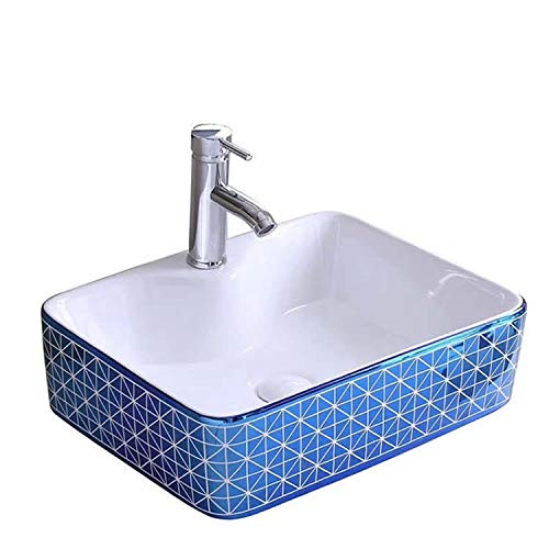 Designer table top wash basin for dining hall handwash area, glossy blue ceramic rectangular basin