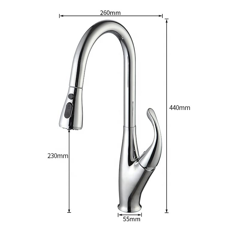 Kitchen taps pull out design, brushed chrome stainless steel sink mixer tap, 3/4 angle view