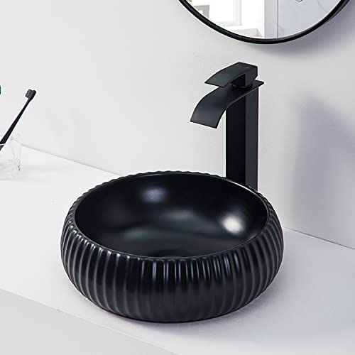 Wash basin price in India: InArt matte black ceramic round table top wash basin, main front view