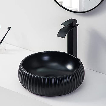 Wash basin price in India: InArt matte black ceramic round table top wash basin, main front view